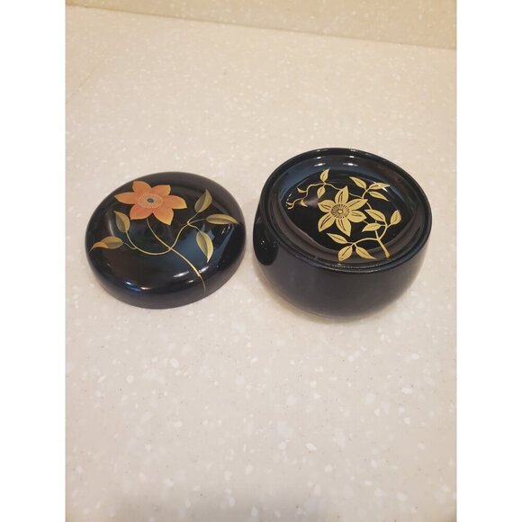 Japanese Lacquered Bamboo (6) Black Coasters Round Box Gold Floral Design - Picture 11 of 12